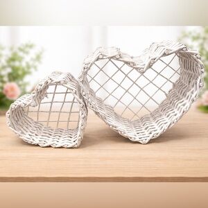 Two Vintage White Wicker Heart Baskets 11” and 8”